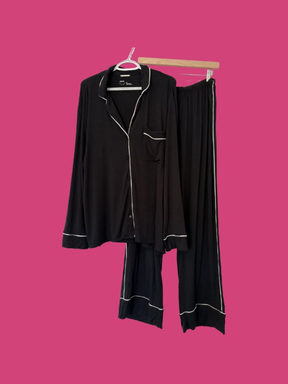 Aerie "Real Soft" Long-Sleeved Button-Down Top and Pant Pajama Set, Black, L